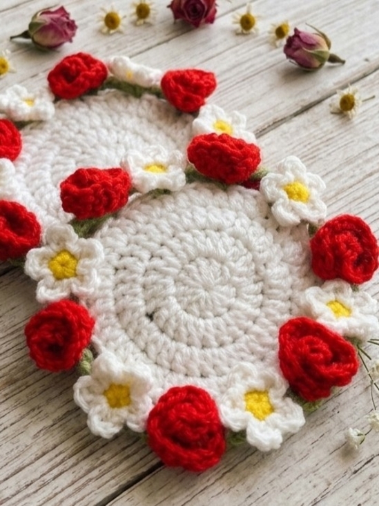 Handmade Other - Handmade Crochet Coasters with Red Roses & White Daisies